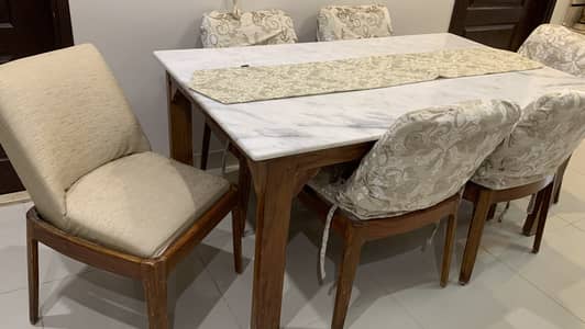 6-Seater Dining Table Set | Solid Wood | Marble Top