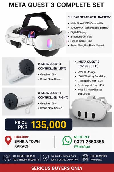 Meta Quest 3 512GB + Battery Strap + Genuine Controllers