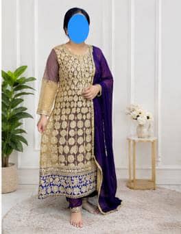 purple and golden heavy frock suit 4 peice - Party wear