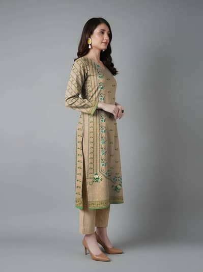 Brown Printed Dobby Lawn 3Pcs Women Suit