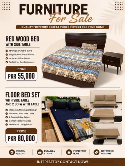 Red Wood Bed with Side Table || Floor Bed Set for Sale