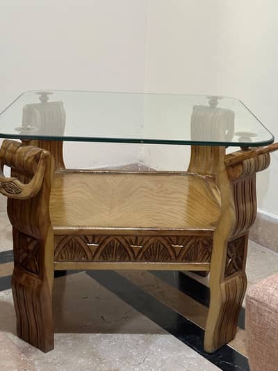 Premium Hand-Carved Wooden Centre Table + Side Tables with Glass Top