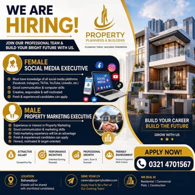 Hirring Male & female | social media exactive | marketing Property