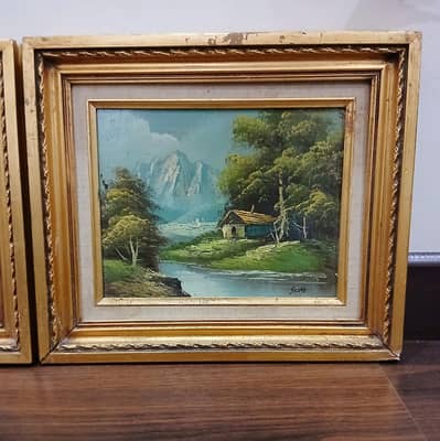 Pair of Vintage Landscape Oil Paintings - Solid Wood Gold Frames