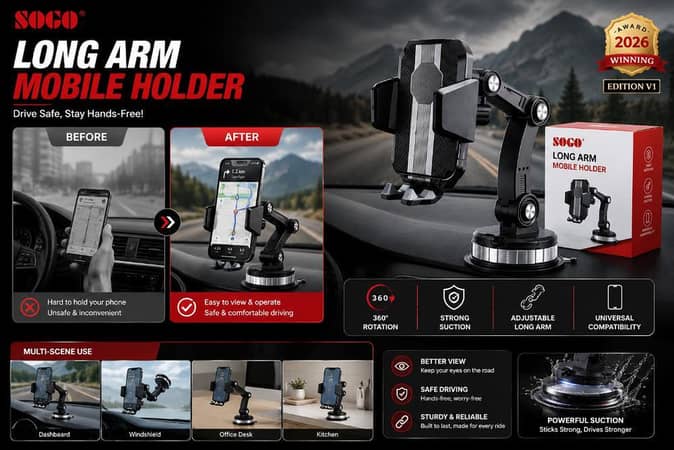 SOGO Long Arm Mobile Holder – 360° Car Dashboard Phone Mount with Strong Suction Cup
