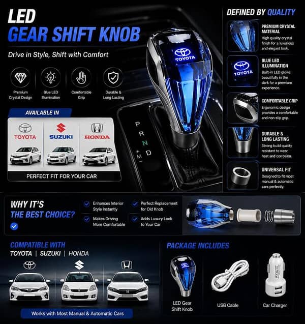 SOGO LED Crystal Gear Shift Knob – Universal Car Automatic Gear Lever with Blue LED Light | Premium Stylish Shift Knob for Toyota, Suzuki & Honda