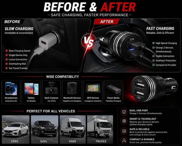 SOGO 3-in-1 Dual USB Car Charger with Fast Charging Cable Set – 3.1A Smart Car Charger for Android, Type-C & Lightning Devices | Universal 12V/24V