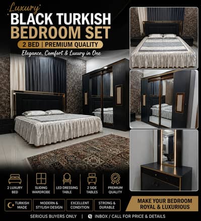 Turkish Luxury Bedroom Set | Black Modern Bed with Wardrobe & Dressin