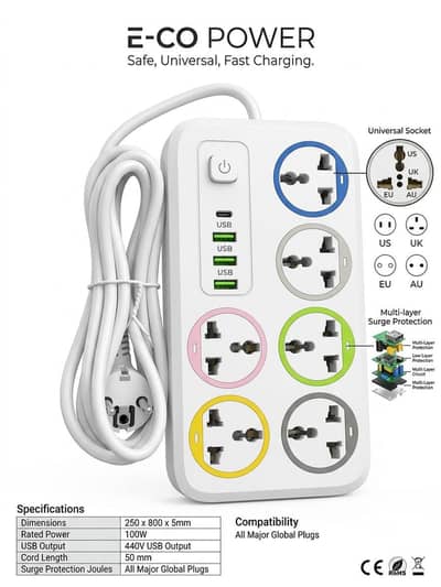 ​Marken Universal Power Extension: 6 Sockets + 4 USB (Wholesale)