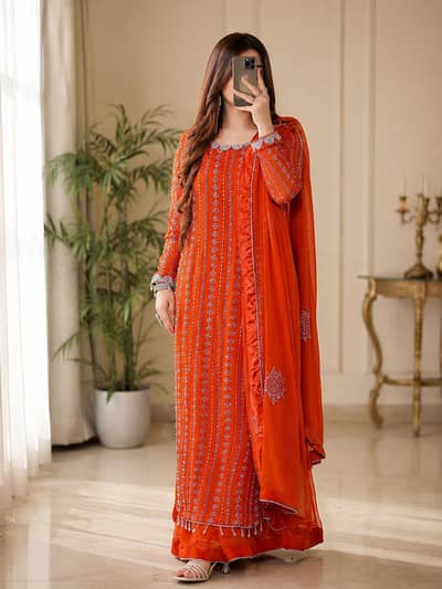 Luxury Burnt Orange Embellished 3 Piece Suit