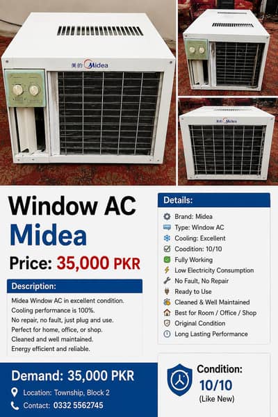 Midea Window AC for Sale | 10/10 Condition | 35,000