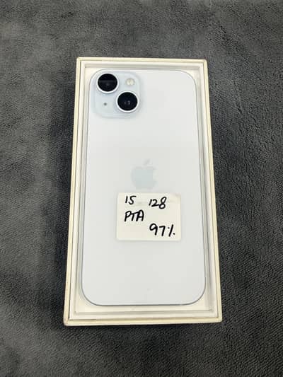 IPHONE 15 128 GB PTA APPROVED BLUE 97 % BATTERY HEALTH WITH FULL BOX