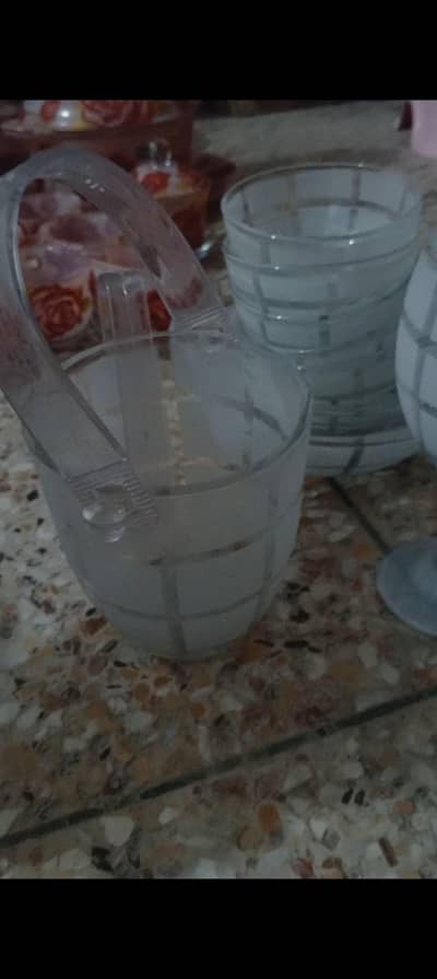 Elegant Frosted glass water Set with jug 6 Goblet Glasses  Ice Bucket