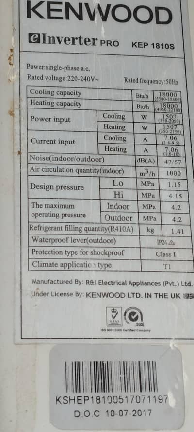 Kenwood 1.5 ton used ac
