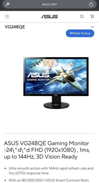 ASUS VG248QE 24" 144Hz 3d Gaming Monitor