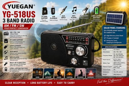 YUEGAN YG-518US Solar Radio – Rechargeable 3-Band (AM/FM/SW) usb light