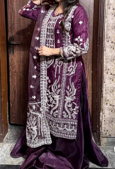 Formal/Party Wear Suit - Silver Embroidery on purple plump color