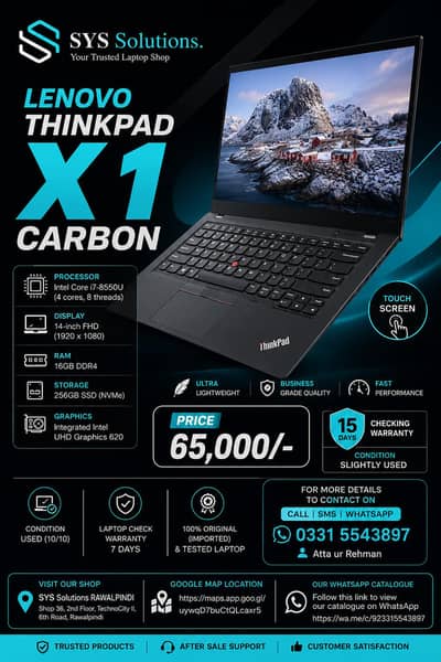 Lenovo ThinkPad X1 Carbon Core i7 Laptop 8550U 16GB RAM 256GB SSD