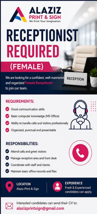 Receptionist Required (Female)