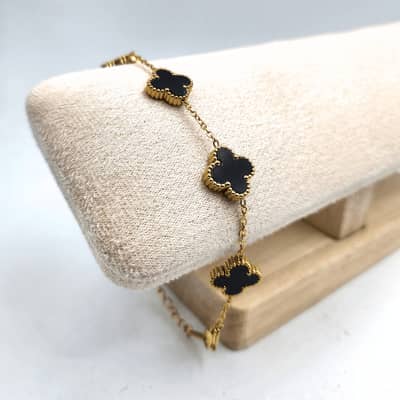 Premium Stainless Steel Black Clover Bracelet for Women | Gold Plated