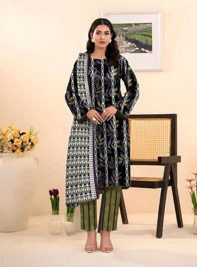 Black Printed 3-Piece Dobby Lawn Suit for Women