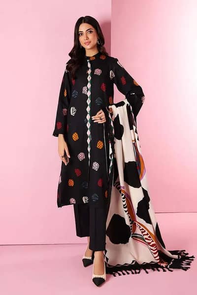 Black Embroidered Lawn 3-Piece Suit with Digital Print Dupatta