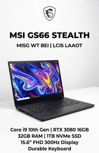 MSI STEALTH 15 (CORE I9 10TH GEN) (RTX 3080 NVEDIA 16gb) 300hz Display
