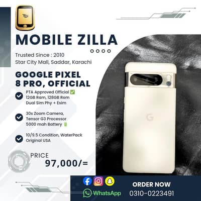 Google Pixel 8 Pro, Official PTA Approve, white Color , MOBILE ZILLA