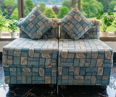 2 sofa's with cushions ( 1 seater) (good condition, iceblue color)