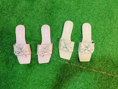 Women's Fancy Pearl Bow Slippers - VIP Flat Slides Pink & Beige