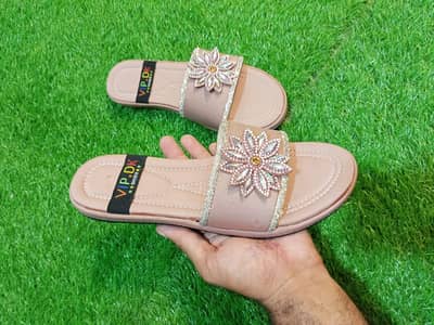 VIP Women's Fancy Flower Stone Flat Slippers - Light Pink - Brand New