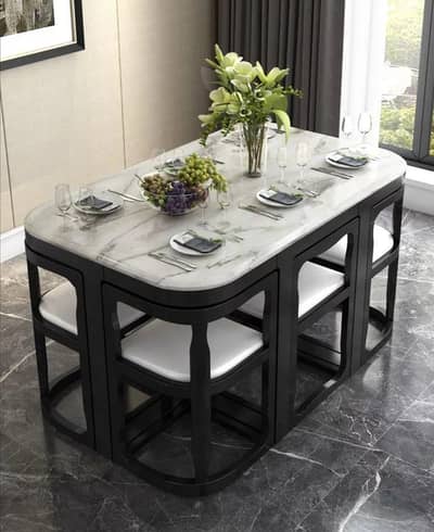 Modern 6 Seater Dining Table Set | Marble Top | Space Saving Design