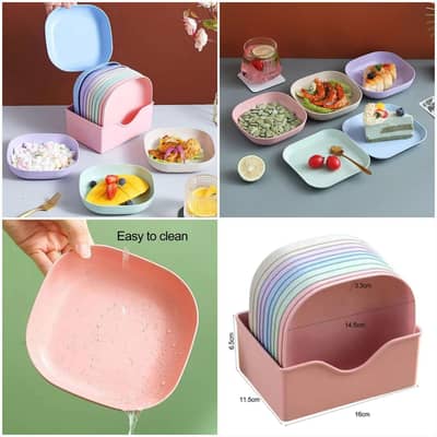 10pcs Plates Set With Holder 350/- (Random Colours)