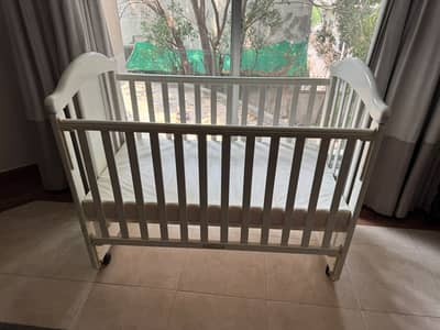 Wooden Baby Cot / Crib with Mattress – White Color | Excellent