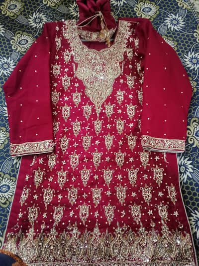 Maroon Bridal Dress short shirt –Heavy Golden Embroidery – 3 Piece