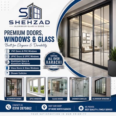 Aluminium Glass and Wood Door Window - Partition Work - Glass Door