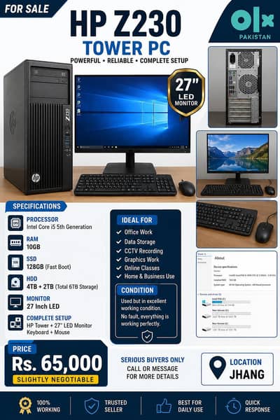 HP Z230 Tower PC | Core i5 5th Gen | 10GB RAM | 6TB Storage | 27" LED