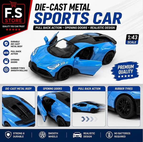 1:43 Scale Die-Cast Metal Sports Car Toy with Opening Doors, Pull Back Action & Rubber Tyres – Premium Collectible Model Car for Kids
