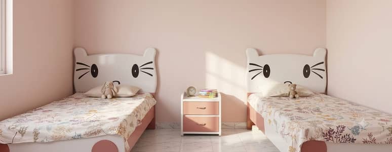 Kids Twin Bed Set | Hello Kitty Wooden Beds with Side Table