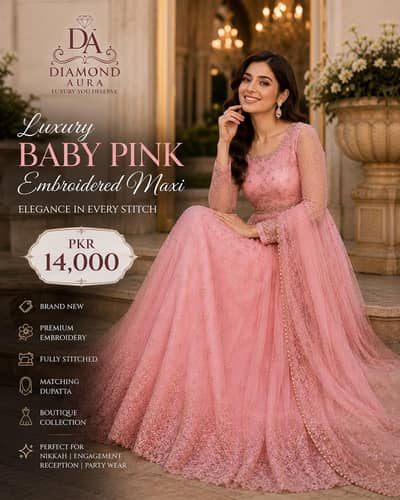 ** Luxury Baby Pink Embroidered Maxi – Brand New ** party wear