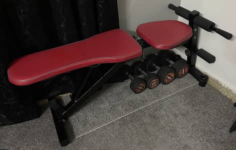 Gym bench and dumbbells