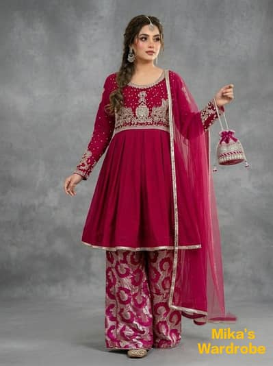 Elegant Dark Pink Reshmi Frock with Jamawar Garara – Medium