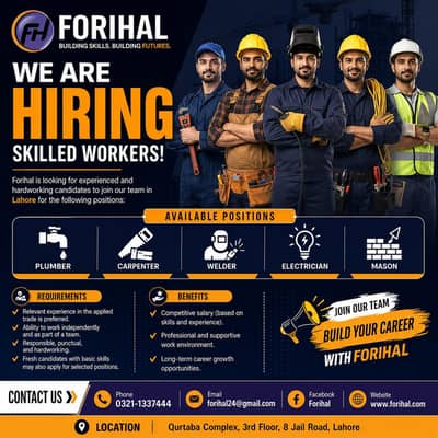 We are hiring skilled workers Plumber,Electrician, Carpenter,etc jobs