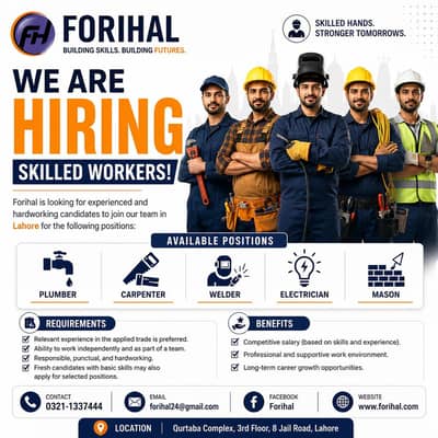 skilled workers required Plumber| Electrician |Carpenter |Welder |