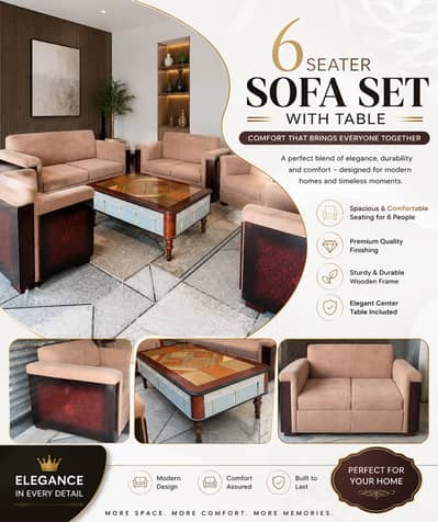 6 Seater New Design Sofa Set | Luxury Bouclé Fabric Sofa | Solid Wood