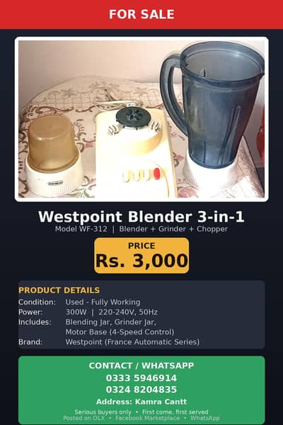 Westpoint Blender 3 in 1 (Model WF-312):