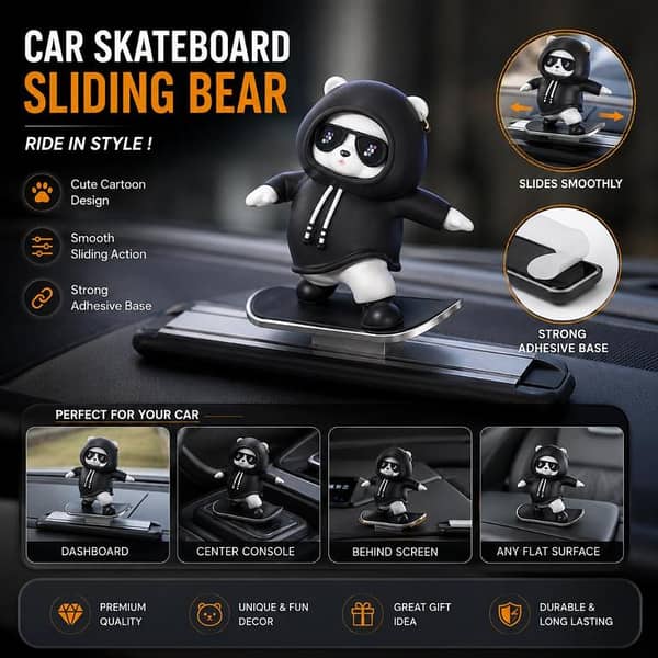 Cute Sliding Bear Car Dashboard Ornament – Skateboard Moving Dashboard Decoration with Adhesive Base