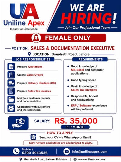 Hiring – Female Sales & Documentation Executive