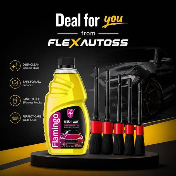 Flamingo Wash & Wax Car Shampoo with Premium Car Detailing Brush Set – Complete Car Cleaning Kit