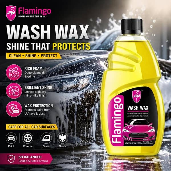 Flamingo Wash & Wax Car Shampoo with Premium Car Detailing Brush Set – Complete Car Cleaning Kit